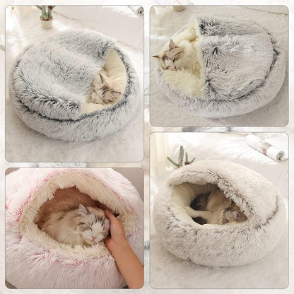Round Fluffy Hooded Cat Bed Cave, Anti-Anxiety Cave Bed with Blanket