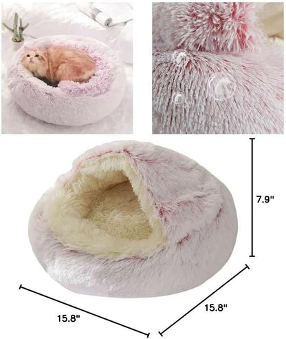 Round Fluffy Hooded Cat Bed Cave, Anti-Anxiety Cave Bed with Blanket