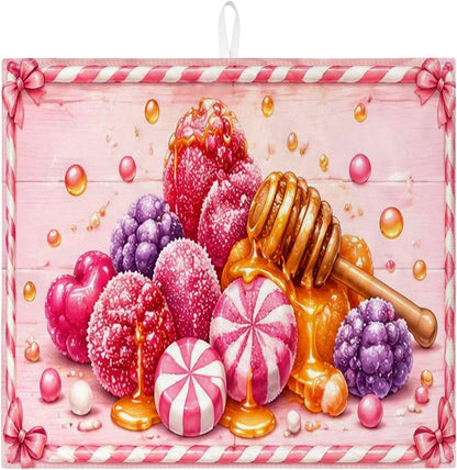 Candy Dish Drying Mats for Kitchen Counter, Peach Sweet Treats Absorbent Dish Drainer Rack Mat, Fun Playful Microfiber Drying Pad for Coffee Bar 16x18 Inch
