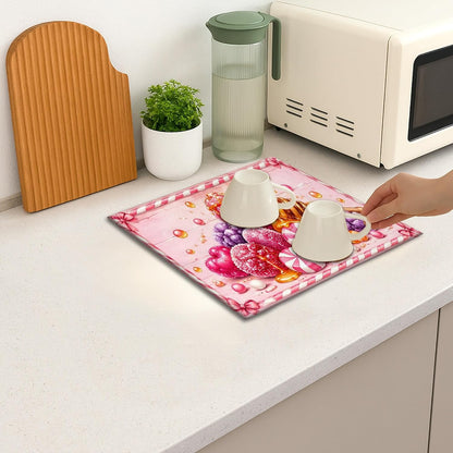 Candy Dish Drying Mats for Kitchen Counter, Peach Sweet Treats Absorbent Dish Drainer Rack Mat, Fun Playful Microfiber Drying Pad for Coffee Bar 16x18 Inch