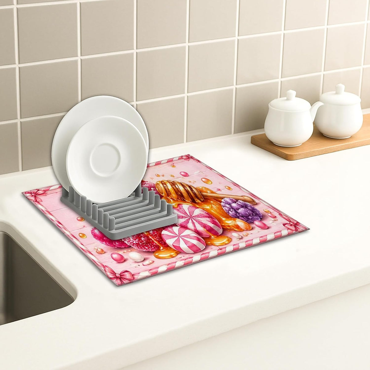 Candy Dish Drying Mats for Kitchen Counter, Peach Sweet Treats Absorbent Dish Drainer Rack Mat, Fun Playful Microfiber Drying Pad for Coffee Bar 16x18 Inch