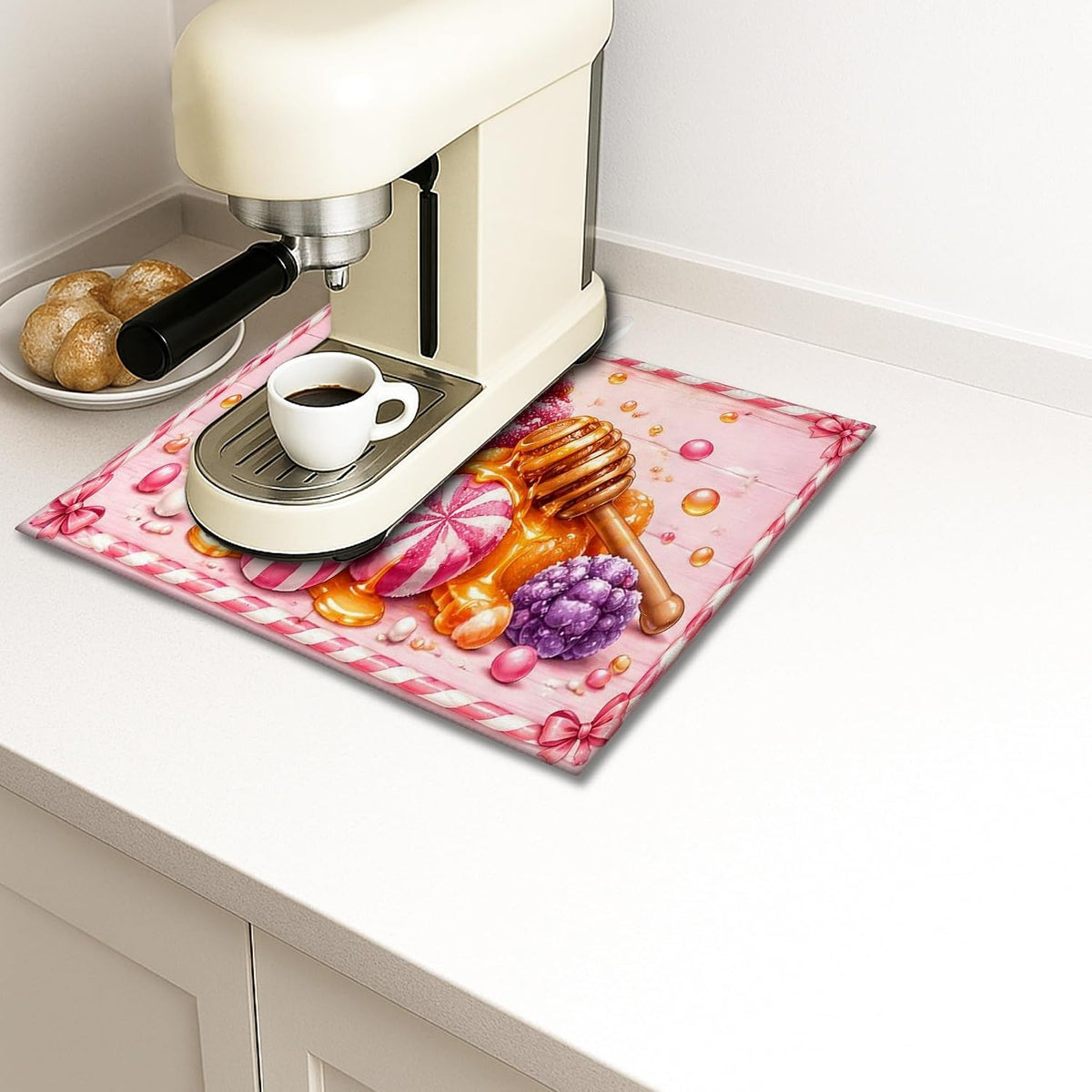 Candy Dish Drying Mats for Kitchen Counter, Peach Sweet Treats Absorbent Dish Drainer Rack Mat, Fun Playful Microfiber Drying Pad for Coffee Bar 16x18 Inch