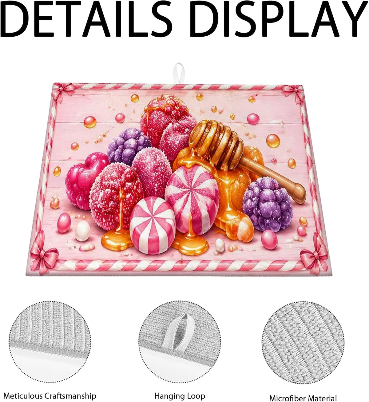Candy Dish Drying Mats for Kitchen Counter, Peach Sweet Treats Absorbent Dish Drainer Rack Mat, Fun Playful Microfiber Drying Pad for Coffee Bar 16x18 Inch