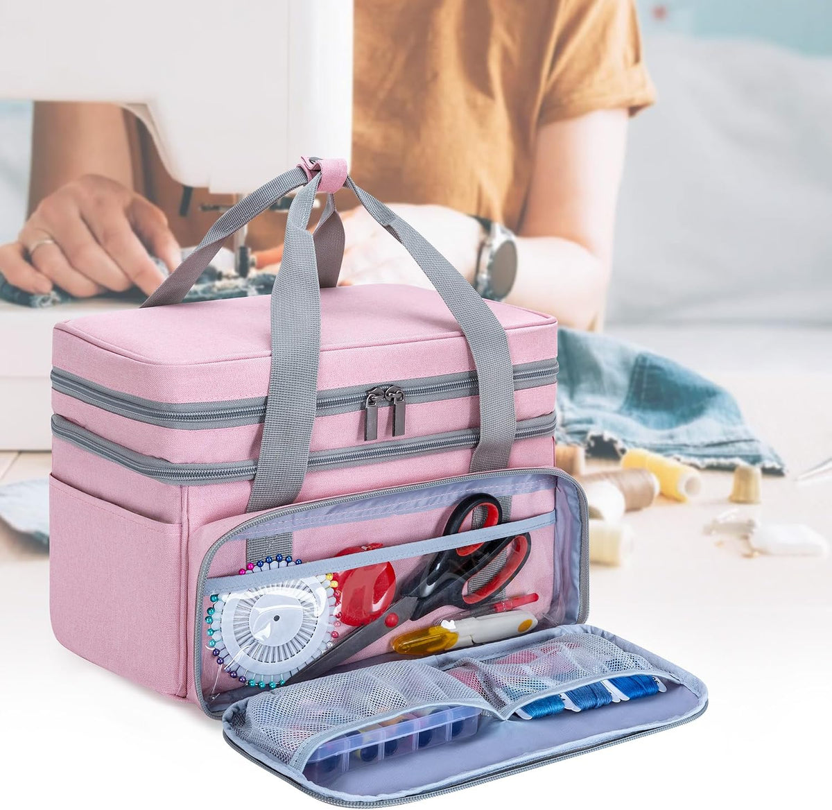 Double Layer Sewing Accessories Organizer, Pink