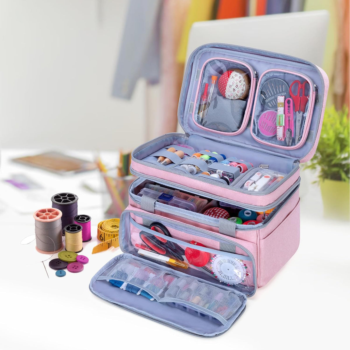 Double Layer Sewing Accessories Organizer, Pink