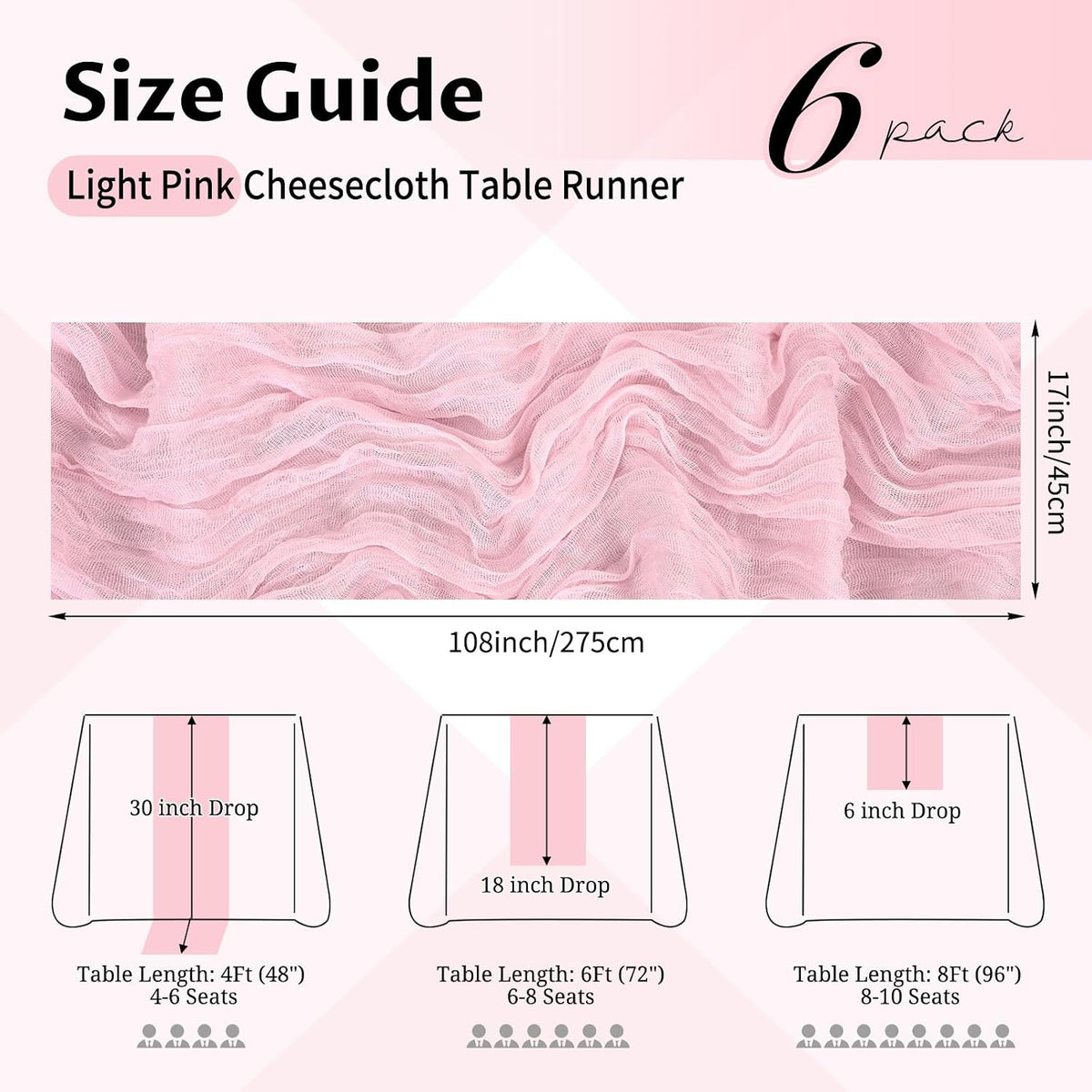 6 Pack Light Pink Table Runner 17x108 Inch Cheesecloth Table Runner Boho Gauze Table Runners Romantic Rustic Sheer Fabric Cheese Cloth Table Runners for Wedding Party Baby Shower Birthday Home Decor