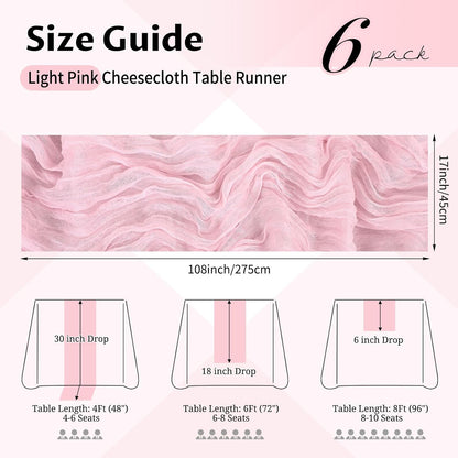 6 Pack Light Pink Table Runner 17x108 Inch Cheesecloth Table Runner Boho Gauze Table Runners Romantic Rustic Sheer Fabric Cheese Cloth Table Runners for Wedding Party Baby Shower Birthday Home Decor
