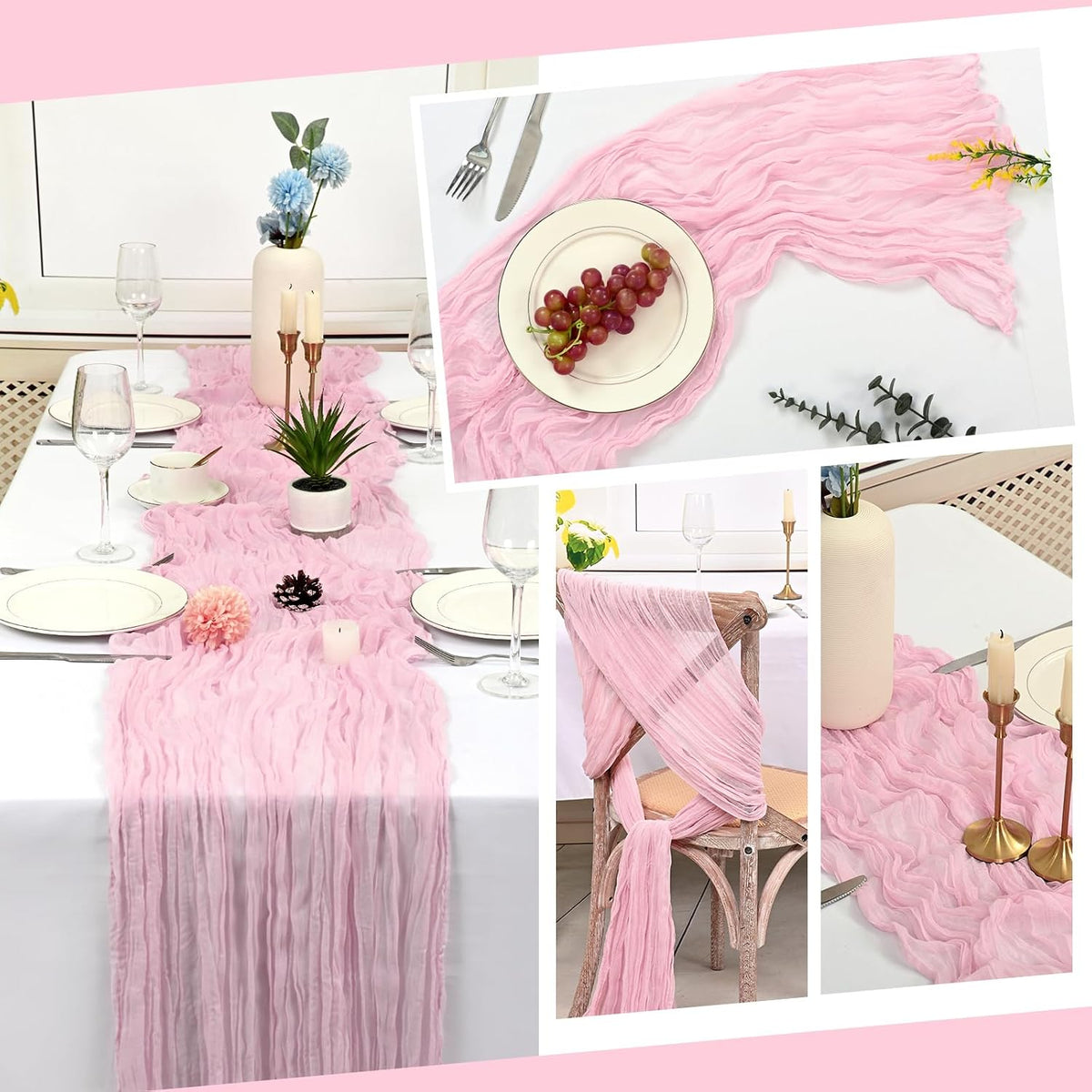 6 Pack Light Pink Table Runner 17x108 Inch Cheesecloth Table Runner Boho Gauze Table Runners Romantic Rustic Sheer Fabric Cheese Cloth Table Runners for Wedding Party Baby Shower Birthday Home Decor