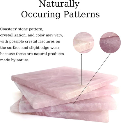 Rose Quartz Decor Coaster 4-5", Natural Pink Crystal Coasters Set of 4 Square Stone Coaster