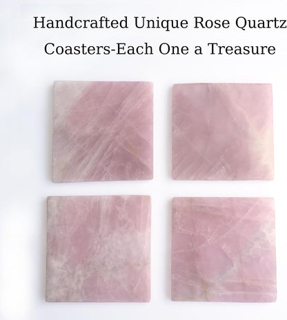 Rose Quartz Decor Coaster 4-5", Natural Pink Crystal Coasters Set of 4 Square Stone Coaster