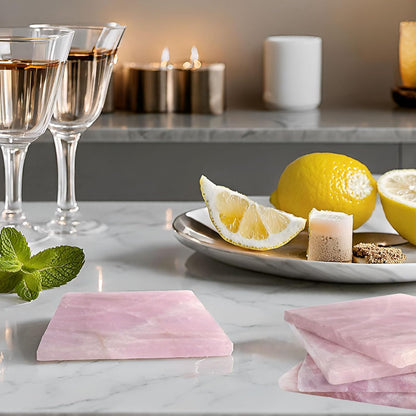 Rose Quartz Decor Coaster 4-5", Natural Pink Crystal Coasters Set of 4 Square Stone Coaster
