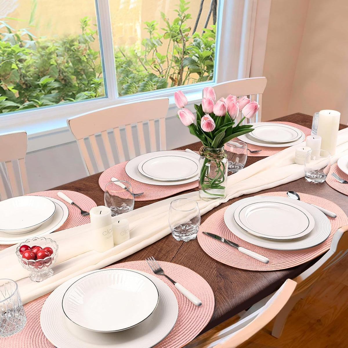 Placemats Set of 6 for Dining Table Washable Woven Non-Slip 18x12 inches Placemat Heat-Resistant Durable Table Mats for Dining Table Easy to Clean(Pink)