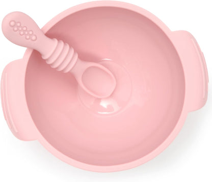 Unbreakable Silicone Non-Slip Bowl and Chew Spoon Set for Babies and Toddlers (Pink)