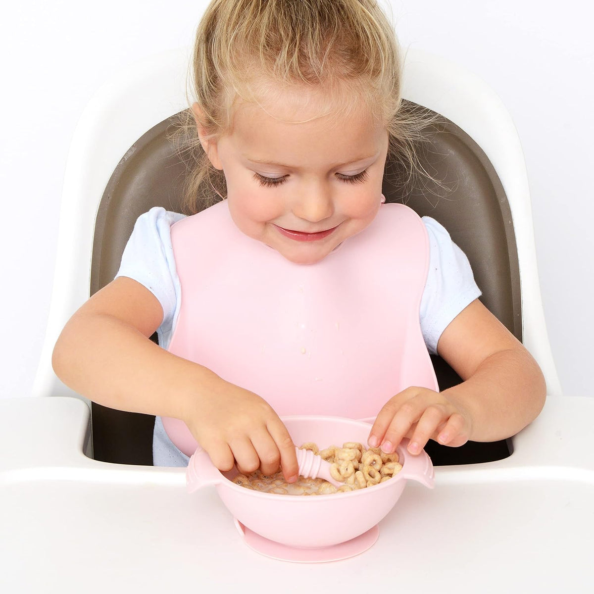 Unbreakable Silicone Non-Slip Bowl and Chew Spoon Set for Babies and Toddlers (Pink)