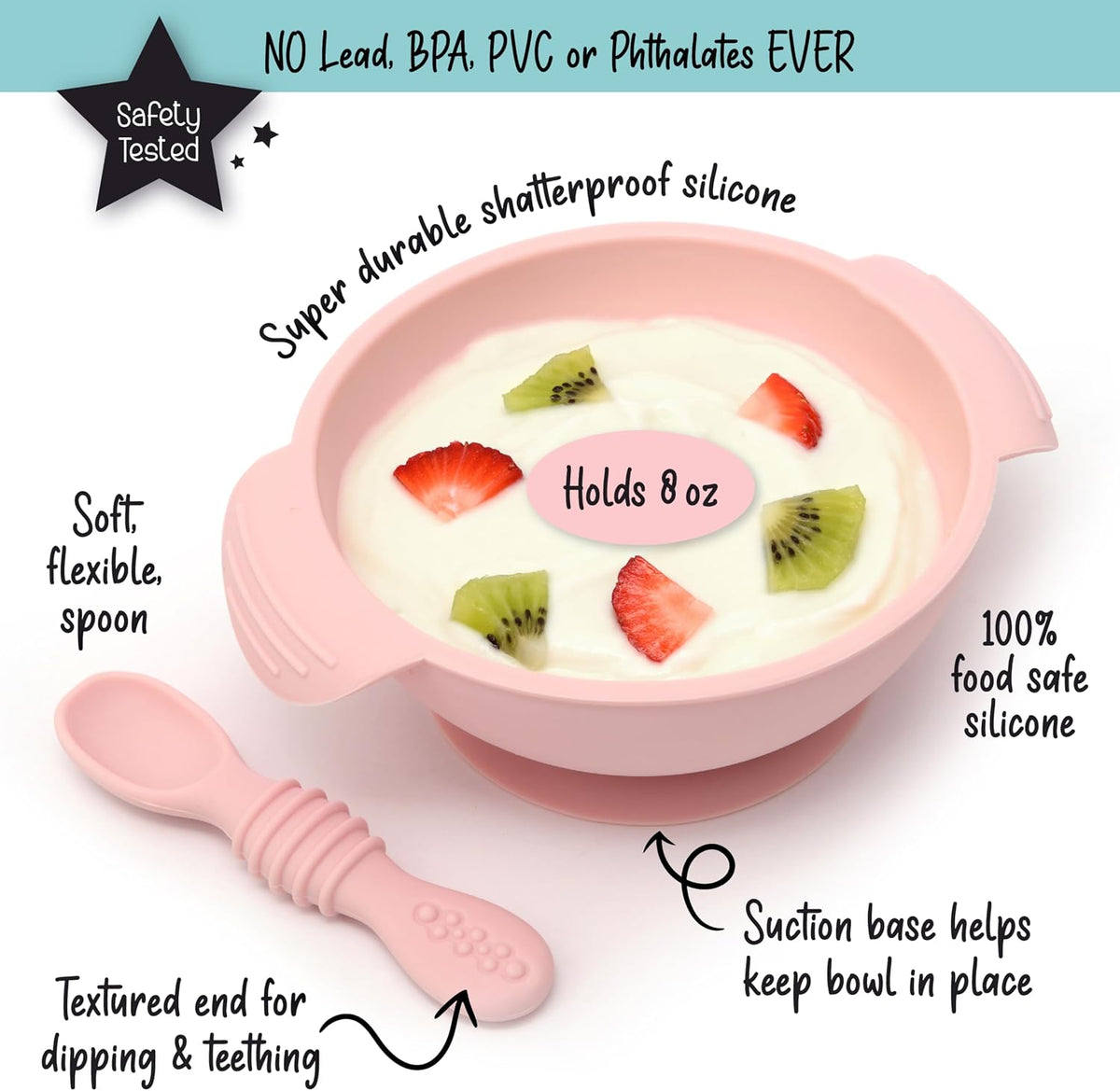 Unbreakable Silicone Non-Slip Bowl and Chew Spoon Set for Babies and Toddlers (Pink)