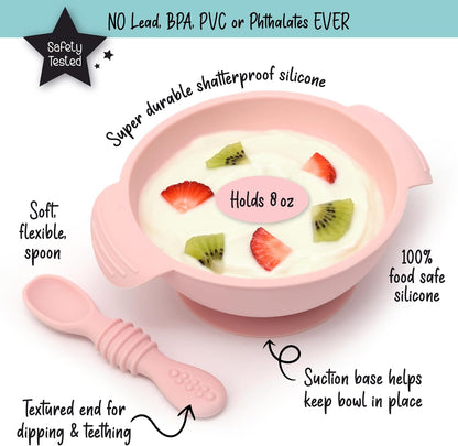 Unbreakable Silicone Non-Slip Bowl and Chew Spoon Set for Babies and Toddlers (Pink)