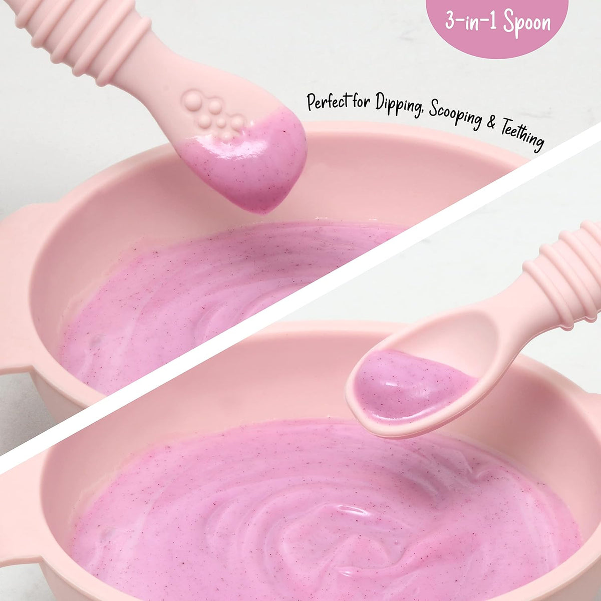 Unbreakable Silicone Non-Slip Bowl and Chew Spoon Set for Babies and Toddlers (Pink)
