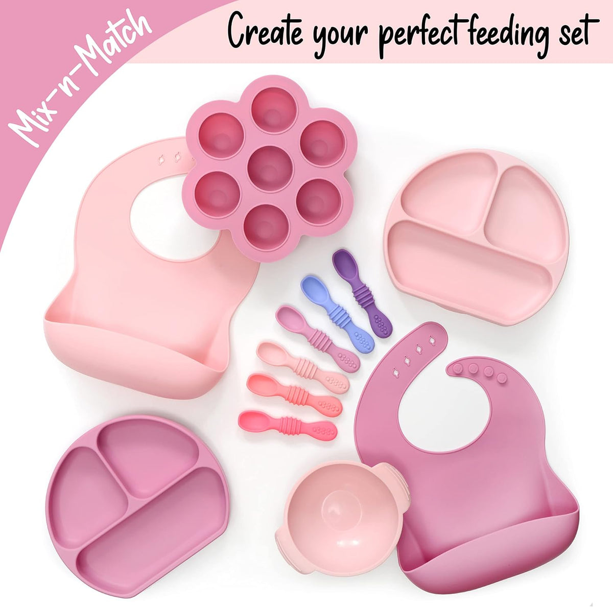 Unbreakable Silicone Non-Slip Bowl and Chew Spoon Set for Babies and Toddlers (Pink)