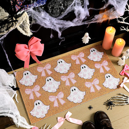 Halloween Doormats Pink Ghost Bow Floral Outdoor Non-Slip Doormat