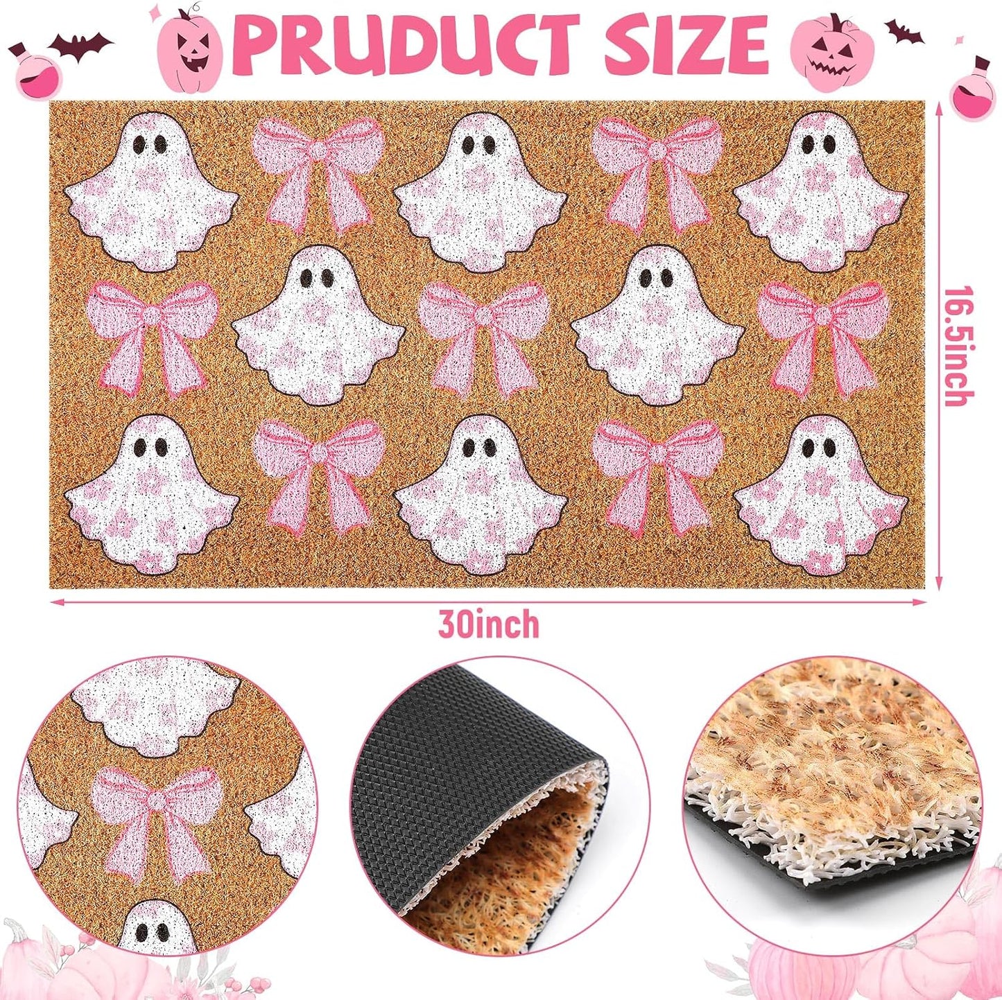 Halloween Doormats Pink Ghost Bow Floral Outdoor Non-Slip Doormat