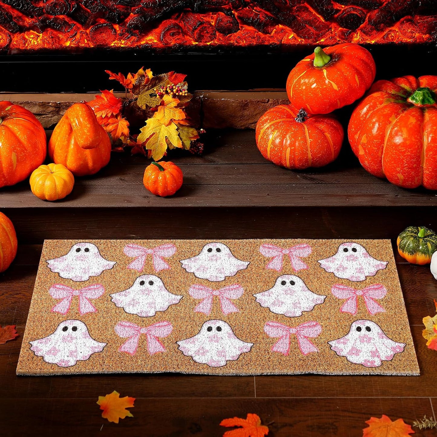 Halloween Doormats Pink Ghost Bow Floral Outdoor Non-Slip Doormat