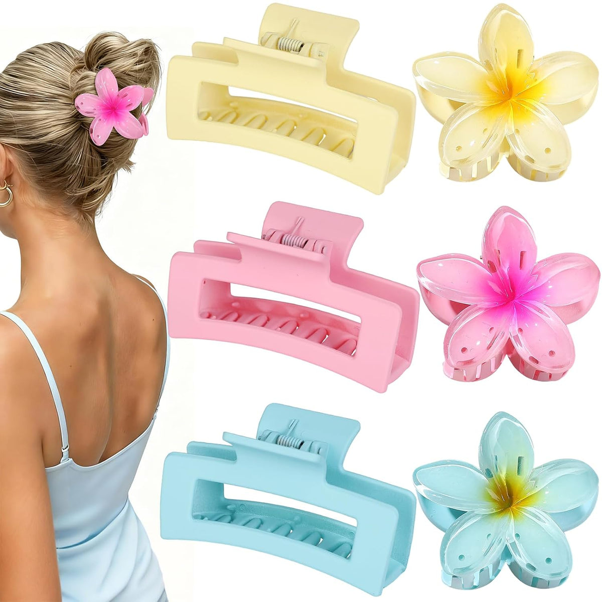 Flower Hair Clips for Women, Square Claw Clips for Girls 6 PCS - Pink
