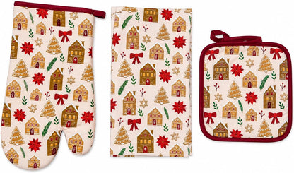 Christmas Holiday Kitchen Pot Holder Oven Mitt & Towel, 3 PCs, 100% Cotton