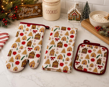 Christmas Holiday Kitchen Pot Holder Oven Mitt & Towel, 3 PCs, 100% Cotton