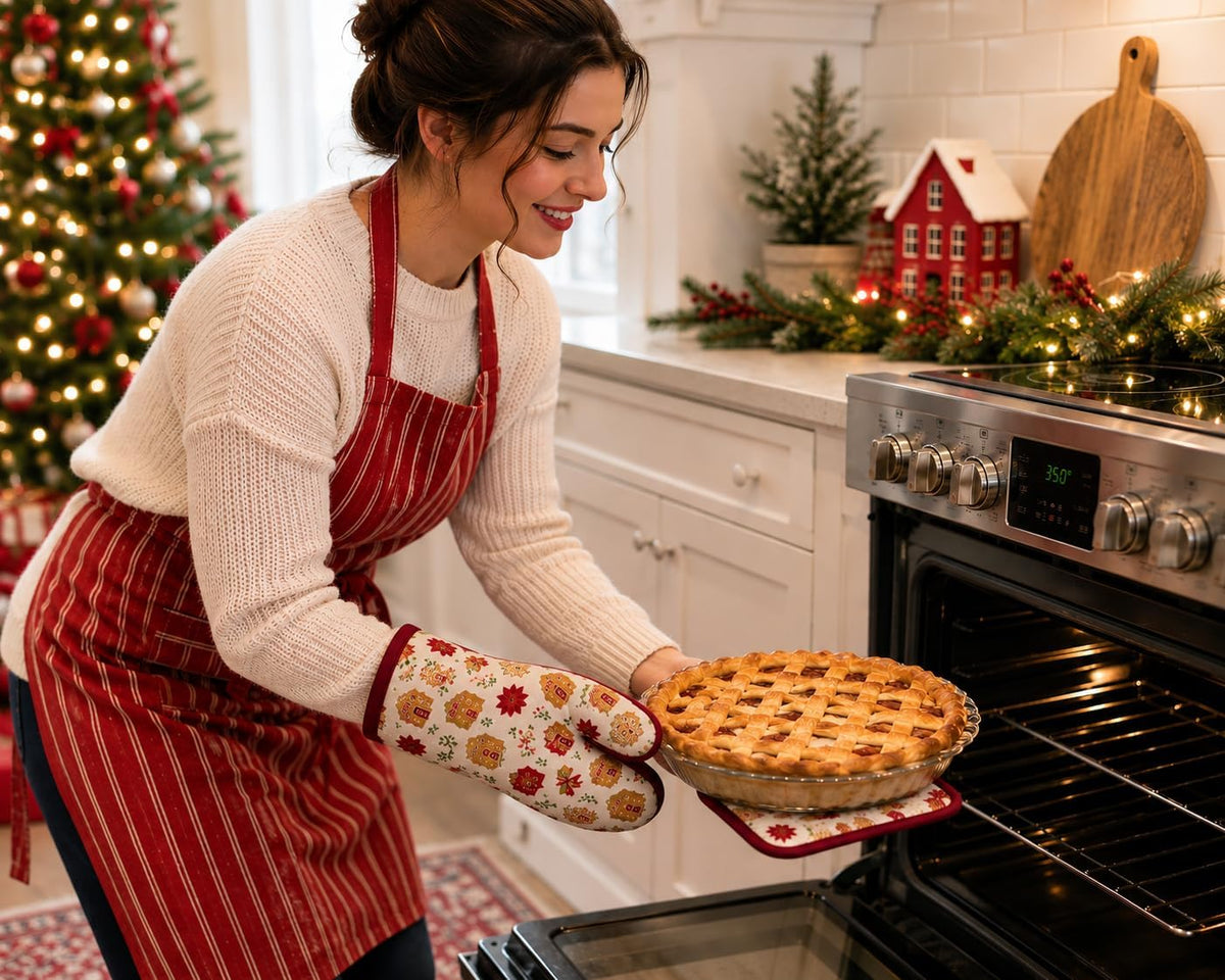 Christmas Holiday Kitchen Pot Holder Oven Mitt & Towel, 3 PCs, 100% Cotton