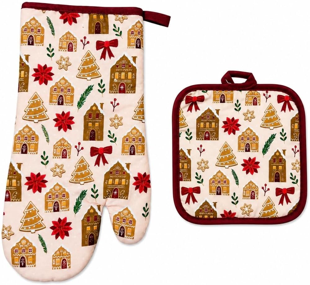 Christmas Holiday Kitchen Pot Holder Oven Mitt & Towel, 3 PCs, 100% Cotton