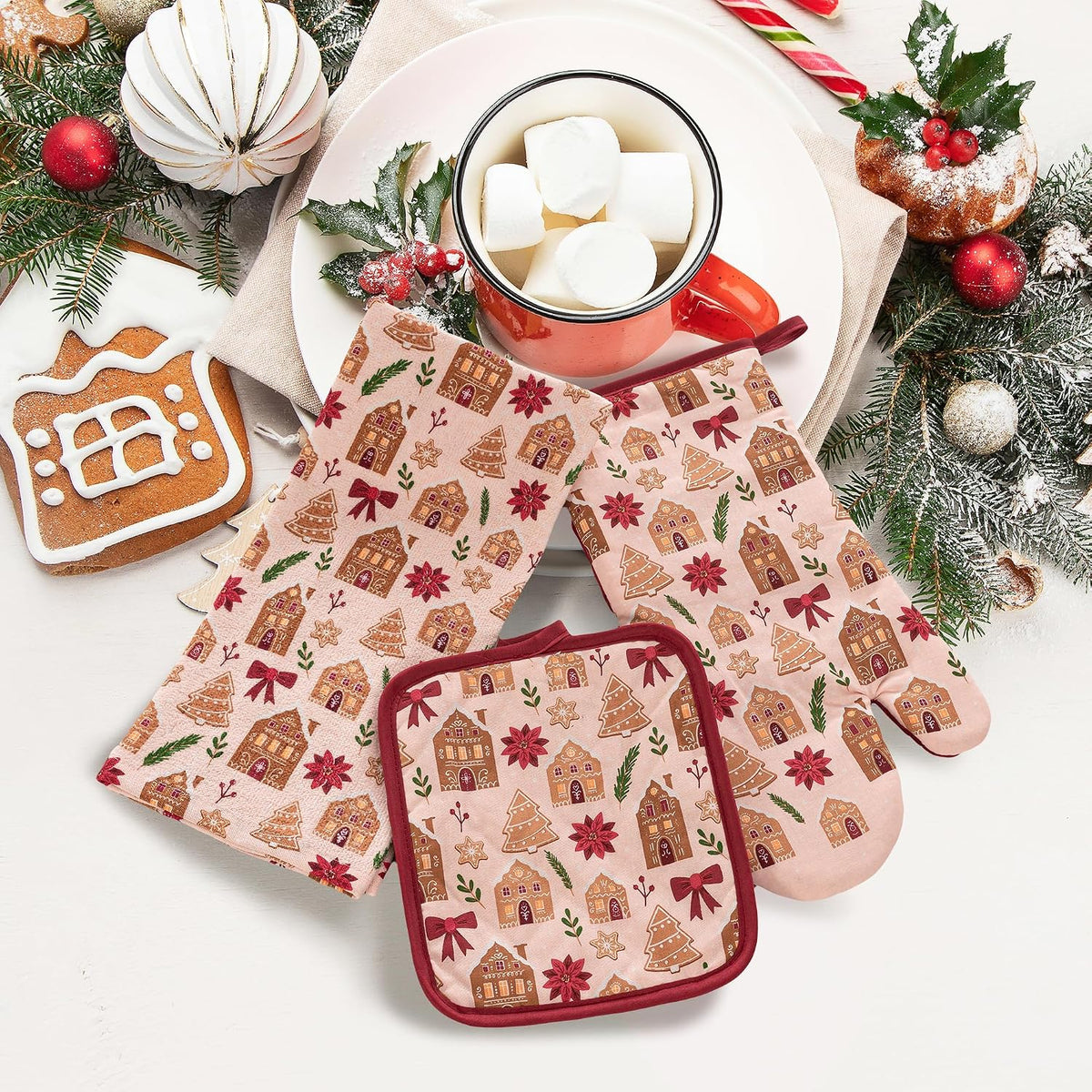 Christmas Holiday Kitchen Pot Holder Oven Mitt & Towel, 3 PCs, 100% Cotton