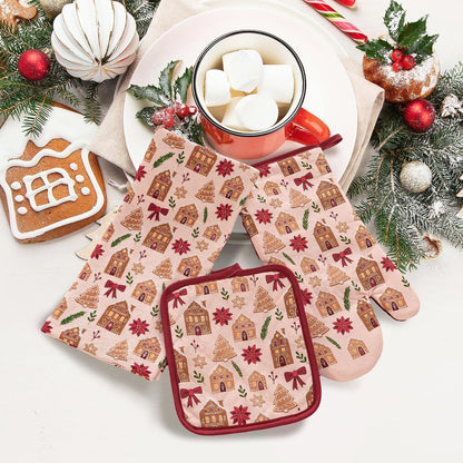 Christmas Holiday Kitchen Pot Holder Oven Mitt & Towel, 3 PCs, 100% Cotton
