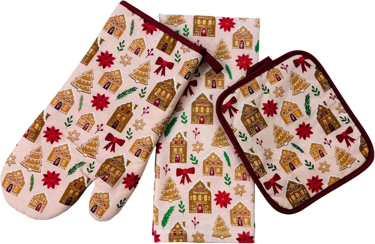 Christmas Holiday Kitchen Pot Holder Oven Mitt & Towel, 3 PCs, 100% Cotton