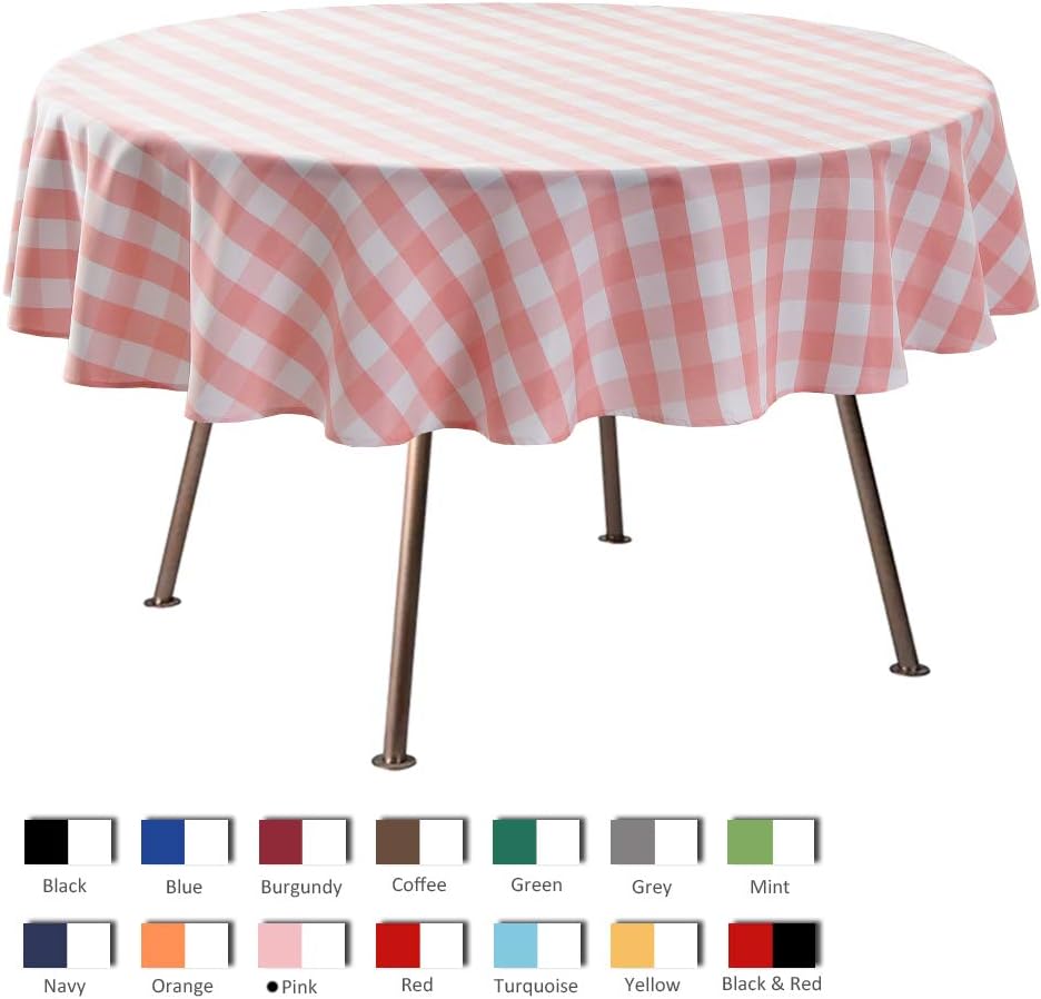Round Checkered Tablecloth Spillproof Wrinkle Free Heavy Weight Gingham Table Cloth for Circular Table Cover Buffalo Plaid for Buffet Banquet Parties Holiday Dinner 70 Inch Pink and White