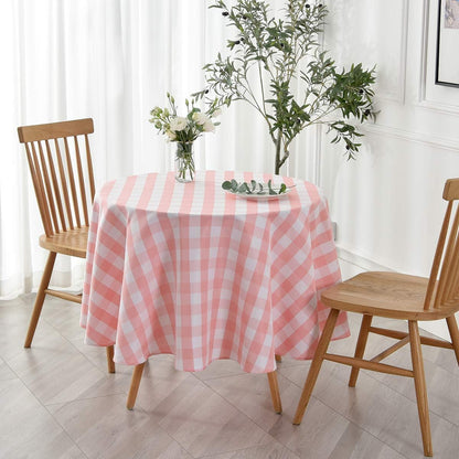 Round Checkered Tablecloth Spillproof Wrinkle Free Heavy Weight Gingham Table Cloth for Circular Table Cover Buffalo Plaid for Buffet Banquet Parties Holiday Dinner 70 Inch Pink and White