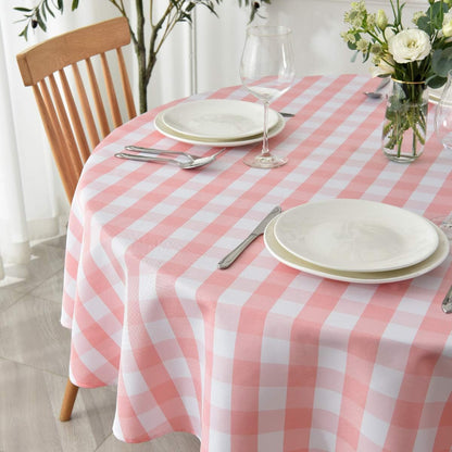 Round Checkered Tablecloth Spillproof Wrinkle Free Heavy Weight Gingham Table Cloth for Circular Table Cover Buffalo Plaid for Buffet Banquet Parties Holiday Dinner 70 Inch Pink and White