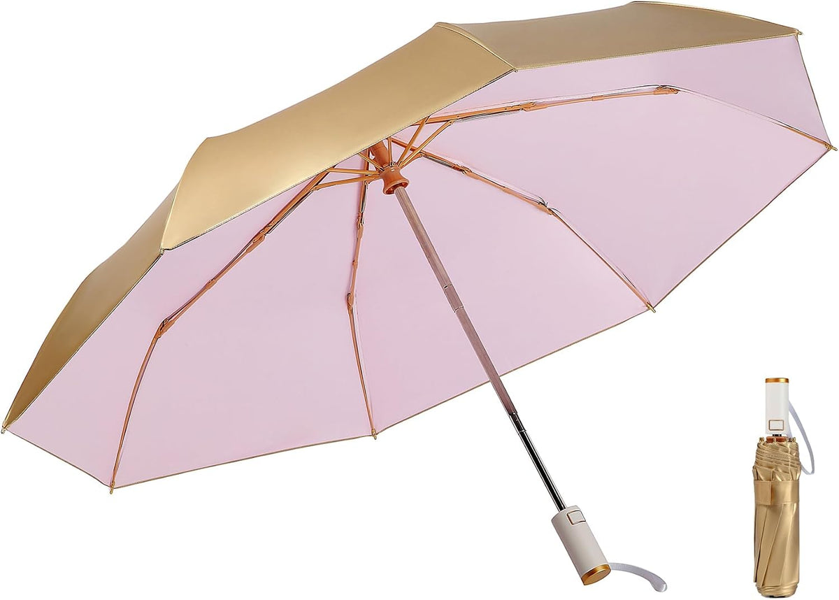 Automatic Anti-UV Folding Golden Parasol Umbrella Small Lightweight Compact Sun & Rain Umbrella