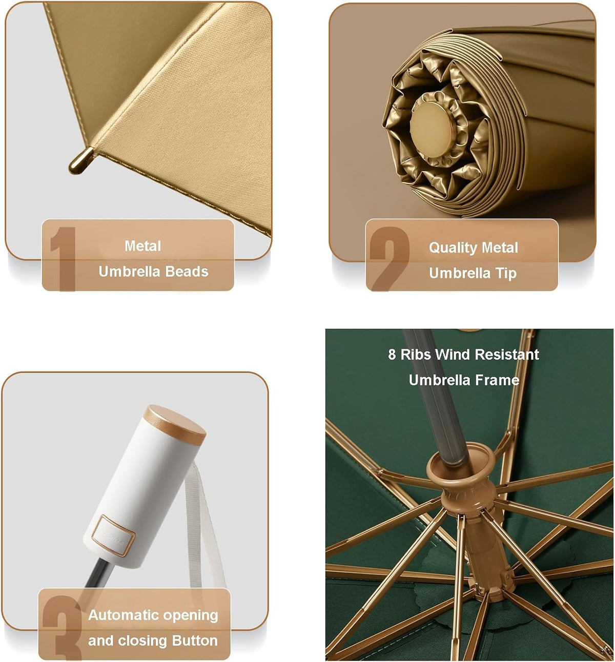 Automatic Anti-UV Folding Golden Parasol Umbrella Small Lightweight Compact Sun & Rain Umbrella