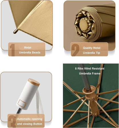 Automatic Anti-UV Folding Golden Parasol Umbrella Small Lightweight Compact Sun & Rain Umbrella