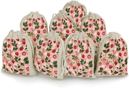 JWSDKNJ 8 Pcs Drawstring Gift Bags 4.9" X 6.7" Peach Strawberry Print Jewelry Pouches Shiny Wedding Party Favor Bags Reusable for Party, Christmas, DIY Craft