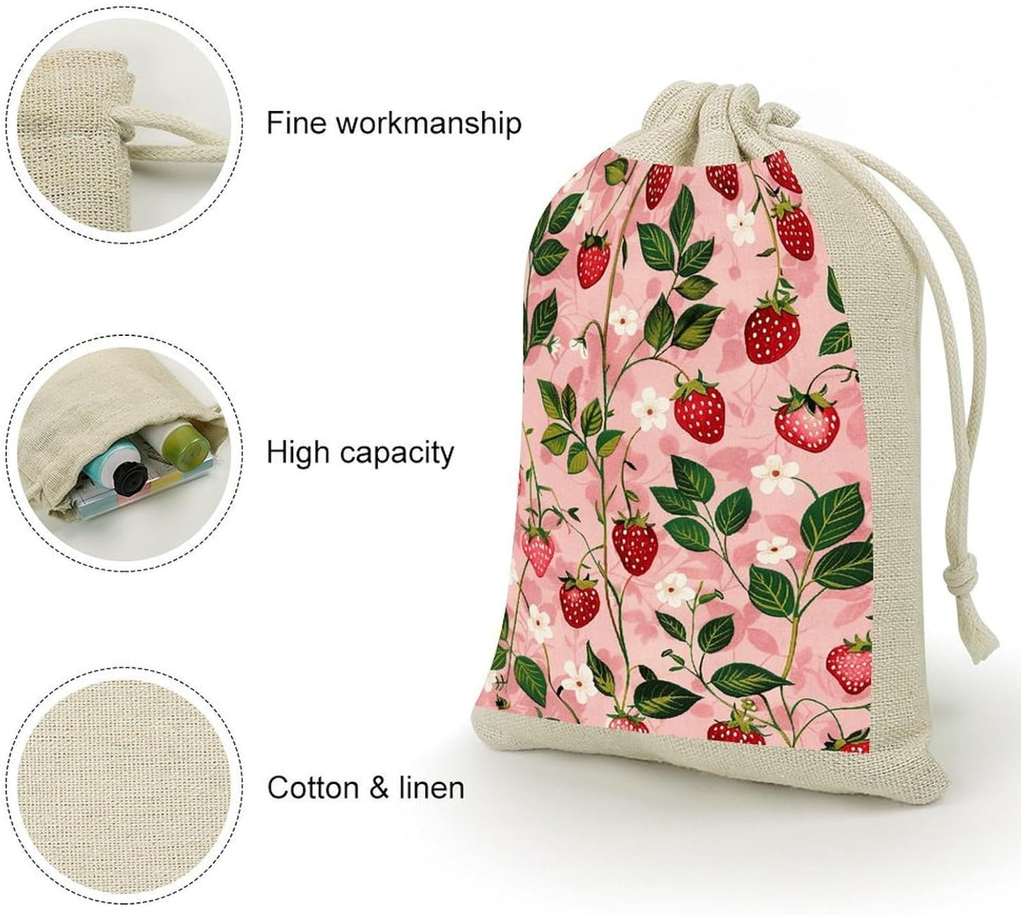 JWSDKNJ 8 Pcs Drawstring Gift Bags 4.9" X 6.7" Peach Strawberry Print Jewelry Pouches Shiny Wedding Party Favor Bags Reusable for Party, Christmas, DIY Craft