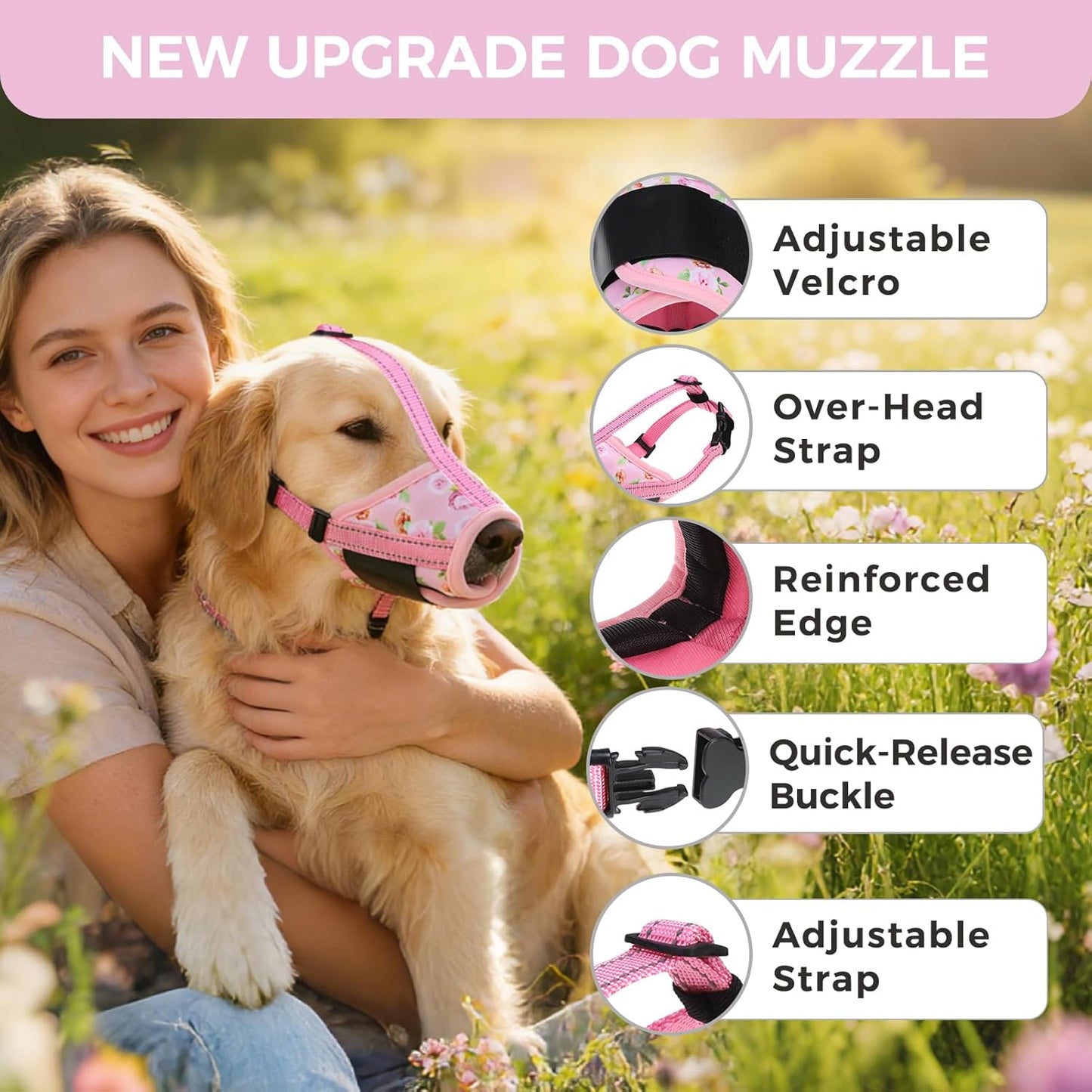 Dog Muzzle, Soft Muzzle Anti Biting Barking Chewing, Comfortable Air Mesh Mouth Guard Breathable Adjustable Loop Pets Muzzle for Small Medium Large Dogs,Allows Panting Drinking,Pink Flowers S