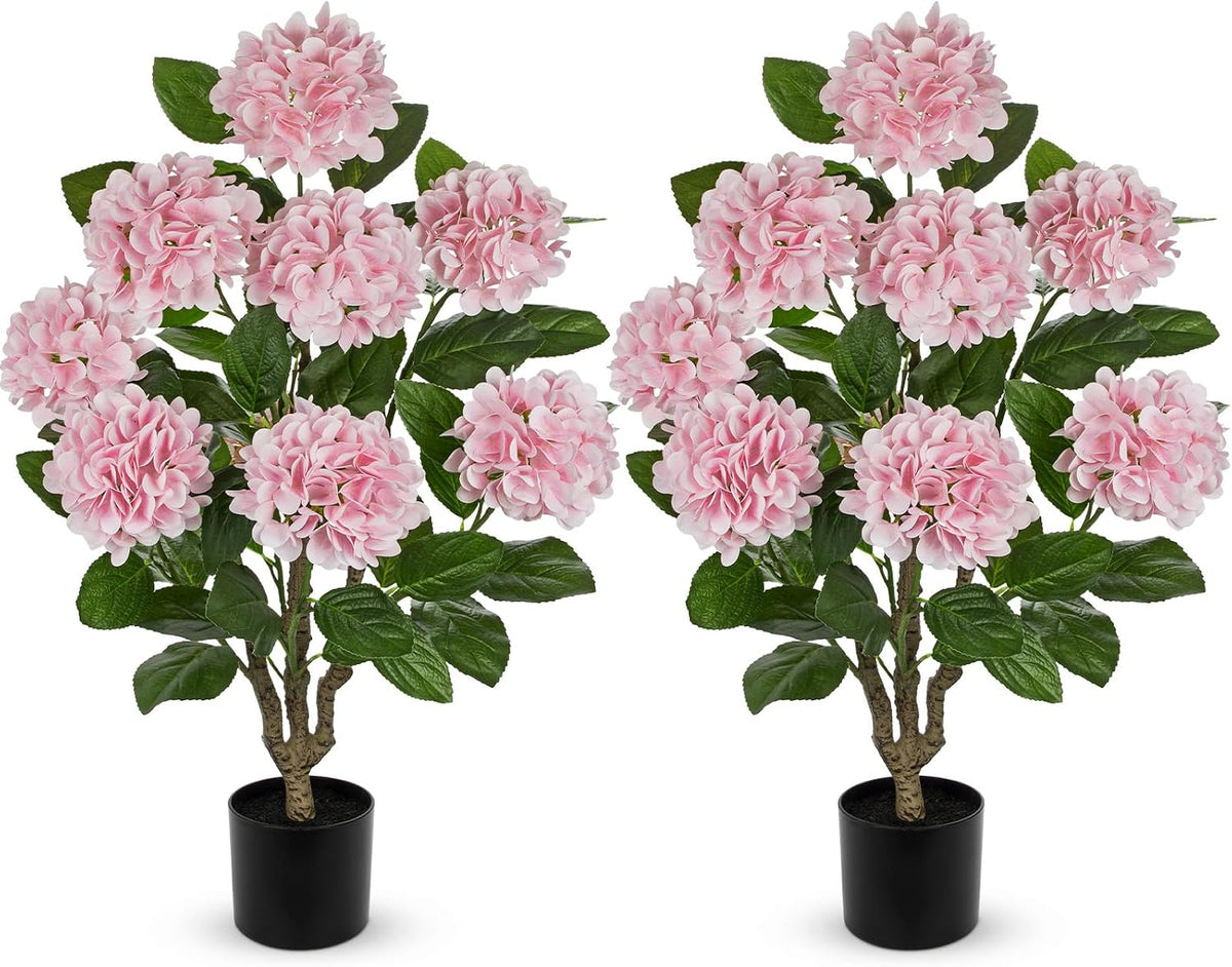 3FT Pink Hydrangea Artificial Flowers Tree 2 Pack Large Real Touch Faux Silk Hydrangea Plants Potted Fake Flower in Black Pot for Home Indoor Outdoor Front Porch Garden Entrance Living Room Decor