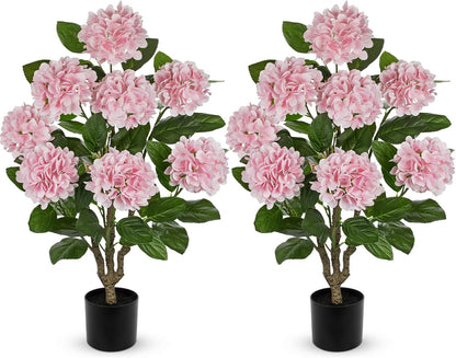 3FT Pink Hydrangea Artificial Flowers Tree 2 Pack Large Real Touch Faux Silk Hydrangea Plants Potted Fake Flower in Black Pot for Home Indoor Outdoor Front Porch Garden Entrance Living Room Decor