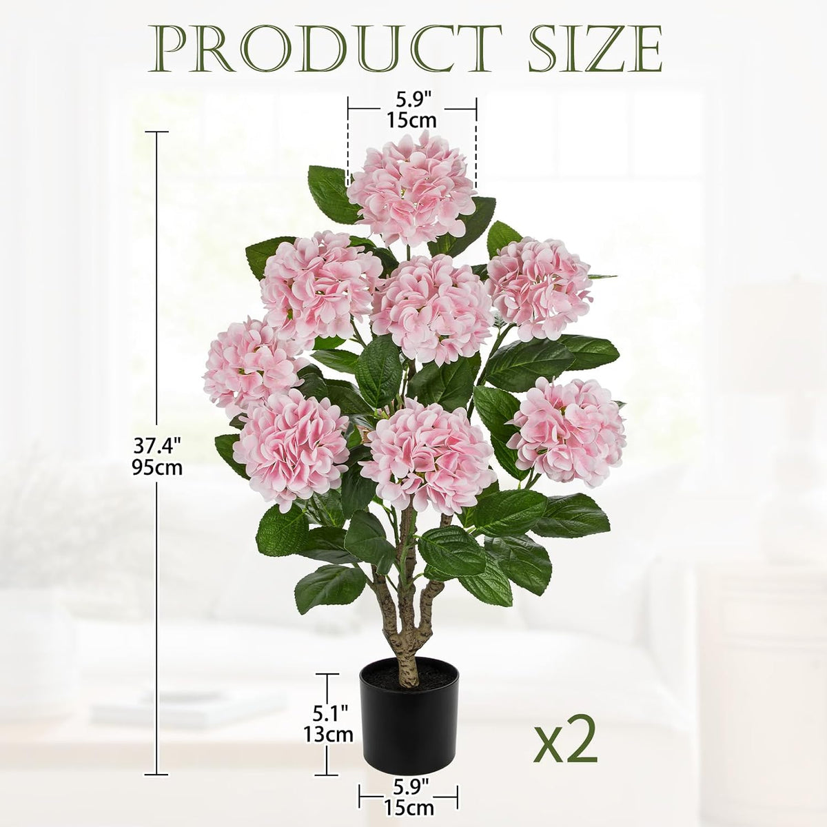 3FT Pink Hydrangea Artificial Flowers Tree 2 Pack Large Real Touch Faux Silk Hydrangea Plants Potted Fake Flower in Black Pot for Home Indoor Outdoor Front Porch Garden Entrance Living Room Decor