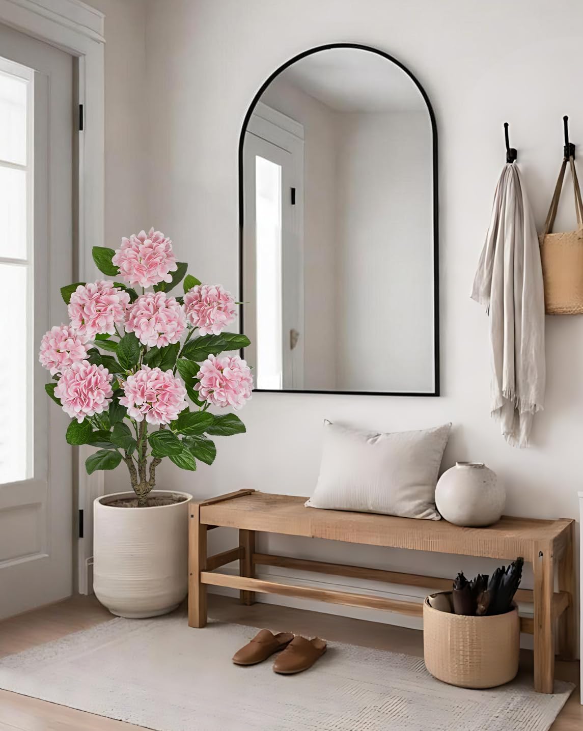 3FT Pink Hydrangea Artificial Flowers Tree 2 Pack Large Real Touch Faux Silk Hydrangea Plants Potted Fake Flower in Black Pot for Home Indoor Outdoor Front Porch Garden Entrance Living Room Decor