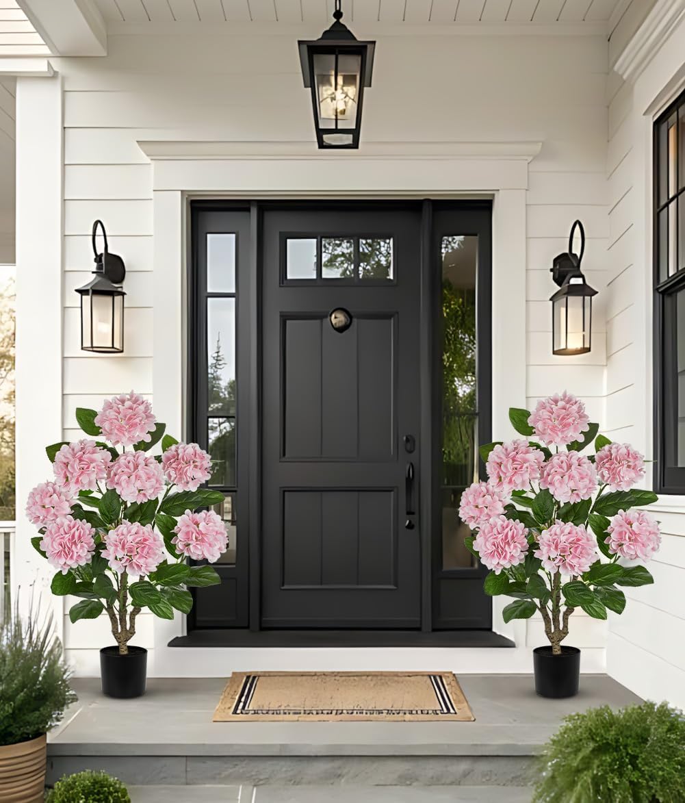 3FT Pink Hydrangea Artificial Flowers Tree 2 Pack Large Real Touch Faux Silk Hydrangea Plants Potted Fake Flower in Black Pot for Home Indoor Outdoor Front Porch Garden Entrance Living Room Decor