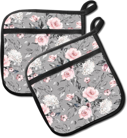 2 Pack Pot Holders for Kitchen Clearance, Cute Hot Pads, Funny Oven Pot Holders, Potholders Sets for Kitchen Heat Resistant Grey Pink Flowers