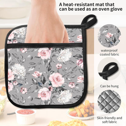2 Pack Pot Holders for Kitchen Clearance, Cute Hot Pads, Funny Oven Pot Holders, Potholders Sets for Kitchen Heat Resistant Grey Pink Flowers