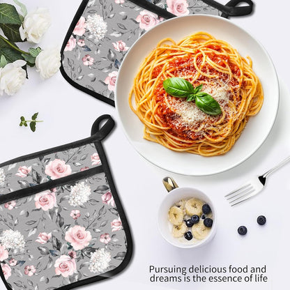 2 Pack Pot Holders for Kitchen Clearance, Cute Hot Pads, Funny Oven Pot Holders, Potholders Sets for Kitchen Heat Resistant Grey Pink Flowers